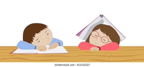 Tired schoolboy sleeping on books and school girl under book. Examination test preparation. Pre test student stress. Cartoon vector. 