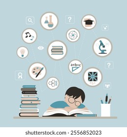 Tired schoolboy sleeping on study table. Sleepy boy with closed eyes in front of books. Young student sitting at desk tired from hard study. Set of school subjects icons or signs. vector illustration