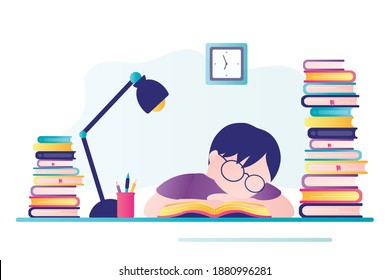 Tired schoolboy sleeps at workplace. Young boy doing homework. Lot of textbooks on desktop. Student studying hard overnight. Male character preparing for examination or test. Flat vector illustration