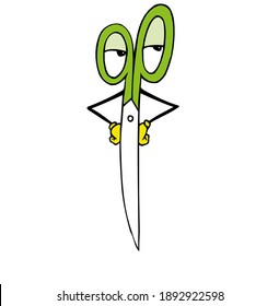 Tired scissors cartoon character with green plastic denoting fatigue condition, for educational design or stationery