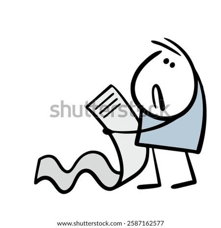 Tired secretary at work keeps a long list of assignments. Vector illustration of a stickman and a piece of paper. The man suffers and reads the message. The business plan for tomorrow. 