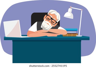 
Hombre mayor cansado que duerme en la Ilustración vectorial del escritorio. Trabajador anciano que descansa su cabeza en el trabajo sintiéndose agotado 
