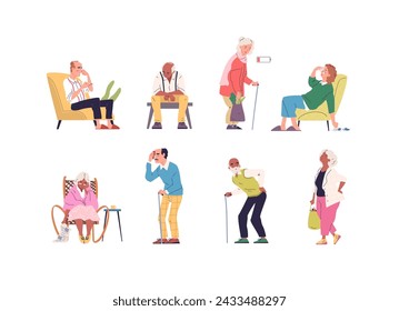 Tired senior people. Sad seniors patient lacking energy, weak elderly sitting person resting, sick elders feeling fatigue, senility old man loneliness classy vector illustration of suffer and despair