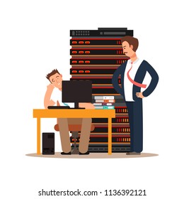 Tired server administration sleeps in workplace and angry boss stands nearby him isolated on white background. Vector illustration