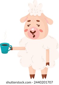 Carácter de oveja cansada con taza de café. Lindo cordero