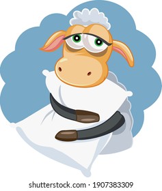 Tired Sheep with Dark Circles Trying to Sleep. Cute mascot animal having problems falling asleep
