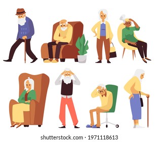 Tired or sick elderly men and women cartoon characters set, flat vector illustration isolated on white background. Senior people with headache and lack of energy.