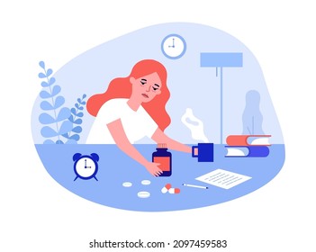 Müde oder kranke Arbeitnehmerin oder Studentin, die Pillen nehmen. Exhauted Girl mit Burnout-Syndrom flache Vektorgrafik. Medizin, psychische Gesundheit, Stresskonzept für Banner, Website-Design oder Landingpage