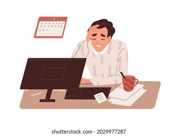 Tired sick man at work. Exhausted overworked employee at office desk. Concept of burnout and overload. Colored flat vector illustration of fatigue manager with headache isolated on white background