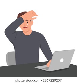 Tired sick man at work. Exhausted overworked employee at office desk. Concept of burnout and overload. Flat vector illustration isolated on white background