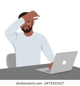 Tired sick man at work. Exhausted overworked employee at office desk. Flat vector illustration isolated on white background