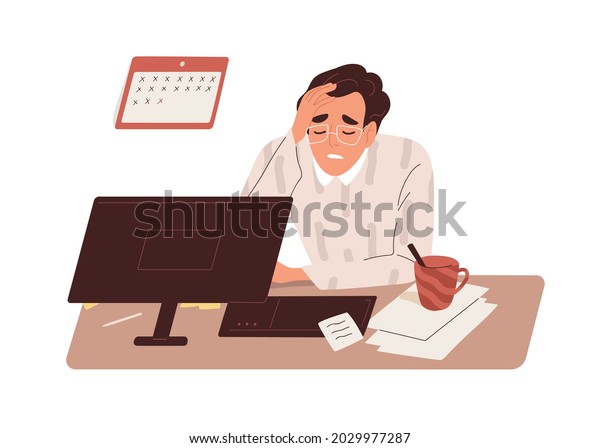 Tired sick man at work. Exhausted overworked
employee at office desk. Concept of burnout and overload. Colored
flat vector illustration of fatigue manager with headache isolated
on white background