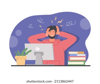 Tired sick man. Young guy holds his head in front of monitor screen. Character tired of work. Emotional burnout, deadline on fire, stress and panic, depression. Cartoon flat vector illustration