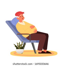 Tired or sick old man sitting in the armchair. Eldery person with headache and lack of energy. Exhausted grandfather. Vector illustration in cartoon style
