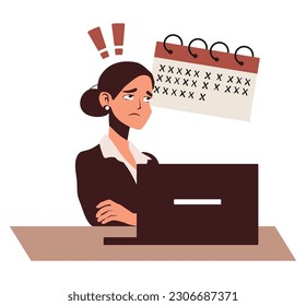 Tired sick woman at work. Exhausted overworked employee at office desk. Concept of burnout and overload. Colored flat vector illustration of fatigue manager with headache isolated on white background.