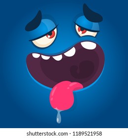 Tired and silly cartoon monster face with big eyes showing tongue. Vector Halloween blue monster