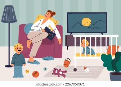 Tired sleeping mother. Overworked mom. Awake children. Crying toddlers. Scattered kids toys. Accumulated fatigue. Exhausted woman napping in armchair. Messy room. Garish