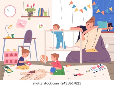 Tired sleeping mother. Sleepy mom and awake toddler in child messy bedroom, overworked mum housework exhausted asleep parent birth baby, parental upset vector illustration of motherhood exhausted