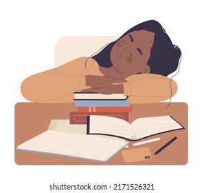 Tired sleeping pupil girl. Little kid exhausted at studying less vector illustration