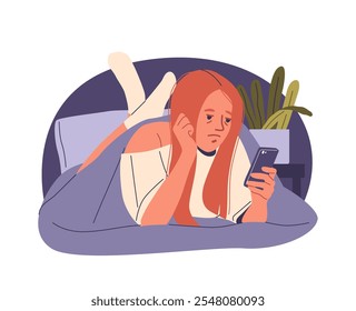 Cansada jovem mulher sem sono personagem de desenho animado surfando na internet sofrendo de insônia à noite