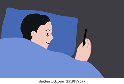 Tired sleepy boy holding smartphone at bed. Technology, internet, phone addiction, negative lifestyle. Flat cartoon character vector design illustration.