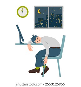 Homem de negócios com sono cansado que trabalha sozinho com o computador à noite no escritório. Trabalho em excesso, conceito de esgotamento. Ilustrações isoladas de vetor plano.