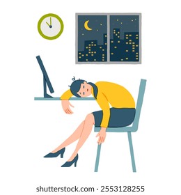 Mulher de negócios com sono cansada trabalhando sozinha com computador à noite no escritório. Trabalho em excesso, conceito de esgotamento. Ilustrações isoladas de vetor plano.