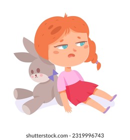 Niña cansada y somnolienta sentada con conejo de juguete en la ilustración vectorial del suelo doméstico. Caricatura aislada, aburrida y exhausta niña divertida descansando después de jugar con muñeca, aburrimiento y estrés de un niño triste y molesto