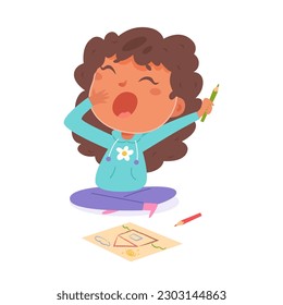 Tired sleepy child yawning vector illustration. Cartoon isolated girl sitting on home floor, holding pencil in hands to draw sketch on paper and playing, stretching kid in need of rest after play