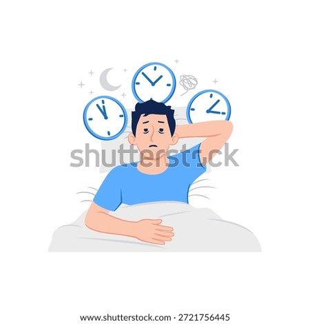 Tired sleepy exhausted man lying in bed with eyes open cant sleep insomnia sleep disorder bedtime