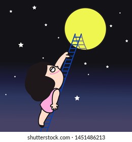 Tired Sleepy Girl Climbs The Ladder To Get To The Moon. Good Night Concept Card Character illustration