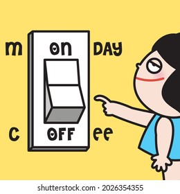 Tired Sleepy Girl With Her Finger Pressing On A Coffee Switch Concept Card Cartoon Character illustration