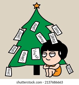 Tired Sleepy Girl Sitting Near Christmas Wishing Tree Message Reads Sleep Concept Card Character illustration