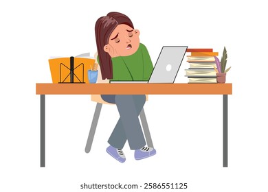 Tired, sleepy little schoolgirl sits at a desk with a laptop, books, a cup with stationery, and a plant. Perfect for study, online learning, or homework concepts