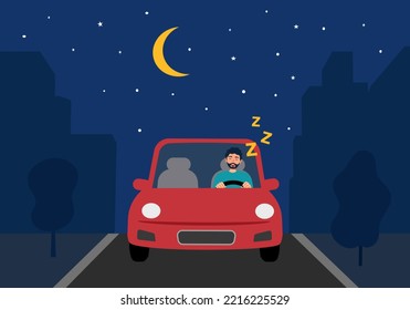 Tired sleepy male driver at night in flat design.