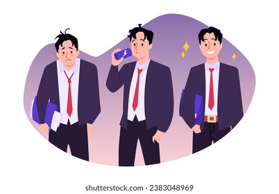 Tired, sleepy man and happy active businessman. Apply energy drink and get a lot of vitality, power effect. Vector people characters conditions. Energy drink advertisement illustration