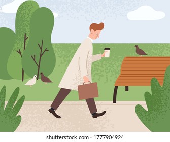 Tired sleepy man holding paper coffee cup and going to work vector flat illustration. Sad office worker guy walking at park and dreaming about get sleep. Pensive morning fatigue male with briefcase