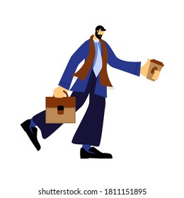 Tired sleepy man holding paper coffee cup and going to work. Pensive morning fatigue male with briefcase.