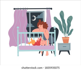 Tired sleepy mom rocks the baby in the cradle. concept of postpartum depression and difficulties of motherhood. Flat vector illustration. Isolated on white. Sleepless nights with a child