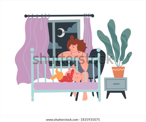 Tired sleepy mom rocks the baby in the cradle.\
concept of postpartum depression and difficulties of motherhood.\
Flat vector illustration. Isolated on white. Sleepless nights with\
a child