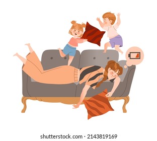 Tired sleepy mother lying on couch, mischievous kids fighting with pillow cartoon vector illustration