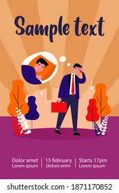 Tired sleepy office man walking to work. Sad exhausted businessman going outside. Flat vector illustration for coffee addiction, insomnia, sleep problem concept