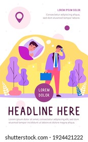 Tired sleepy office man walking to work. Sad exhausted businessman going outside. Flat vector illustration for coffee addiction, insomnia, sleep problem concept