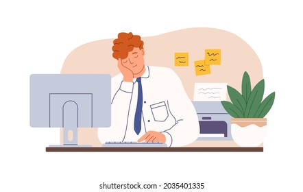 Tired sleepy office worker sleeping at work. Drowsy man falling asleep at workplace. Exhausted employee dozing and dreaming at computer. Flat vector illustration isolated on white background