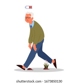 Tired and sleepy old man. Eldery person with lack of energy. Exhausted grandfather. Vector illustration in cartoon style