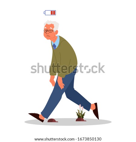Tired and sleepy old man. Eldery person with lack of energy. Exhausted grandfather. Vector illustration in cartoon style