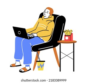 Tired, sleepy person. Overworked male freelancer with laptop completes project or task and falls asleep. Exhausted remote employee rests and relaxes. Cartoon flat vector illustration in doodle style