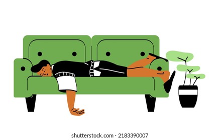 Tired, sleepy person. Young Exhausted man lies on soft sofa and dreams. Student or overworked employee resting after hard work day. Cartoon contemporary flat vector illustration in doodle style