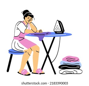 Tired, sleepy person. Young overworked housewife ironing clean clothes and getting exhausted from housework. Overexhausted girl sleeps and rests. Cartoon flat vector illustration in doodle style