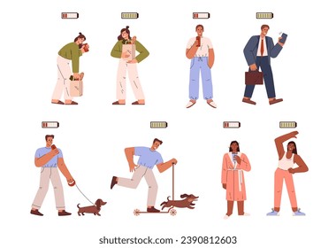 Tired, sleepy persons drinking an energy drink. Happy active people with full of power and positive vitality. High and low energy life battery charge indicator. Vector people characters set